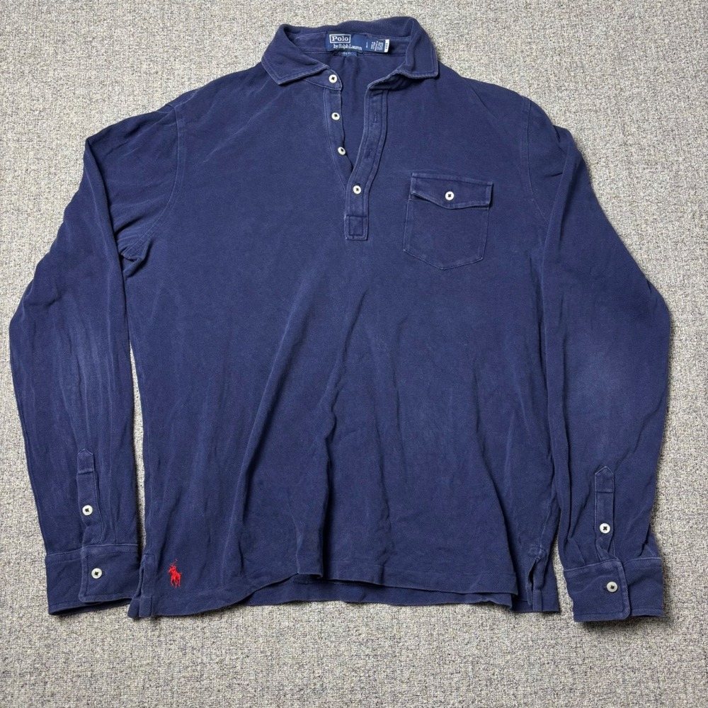 Polo Ralph Lauren Polo Shirt Mens Large Classic Fit Navy Blue Long Sleeve Pocket